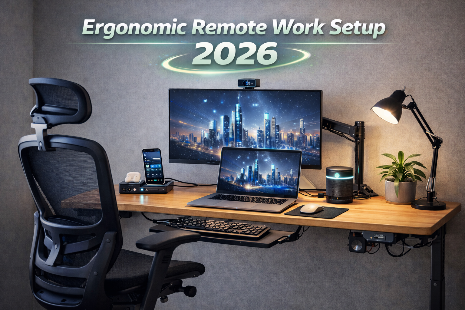 Ergonomic workstation with chair, monitor arm, and keyboard tray